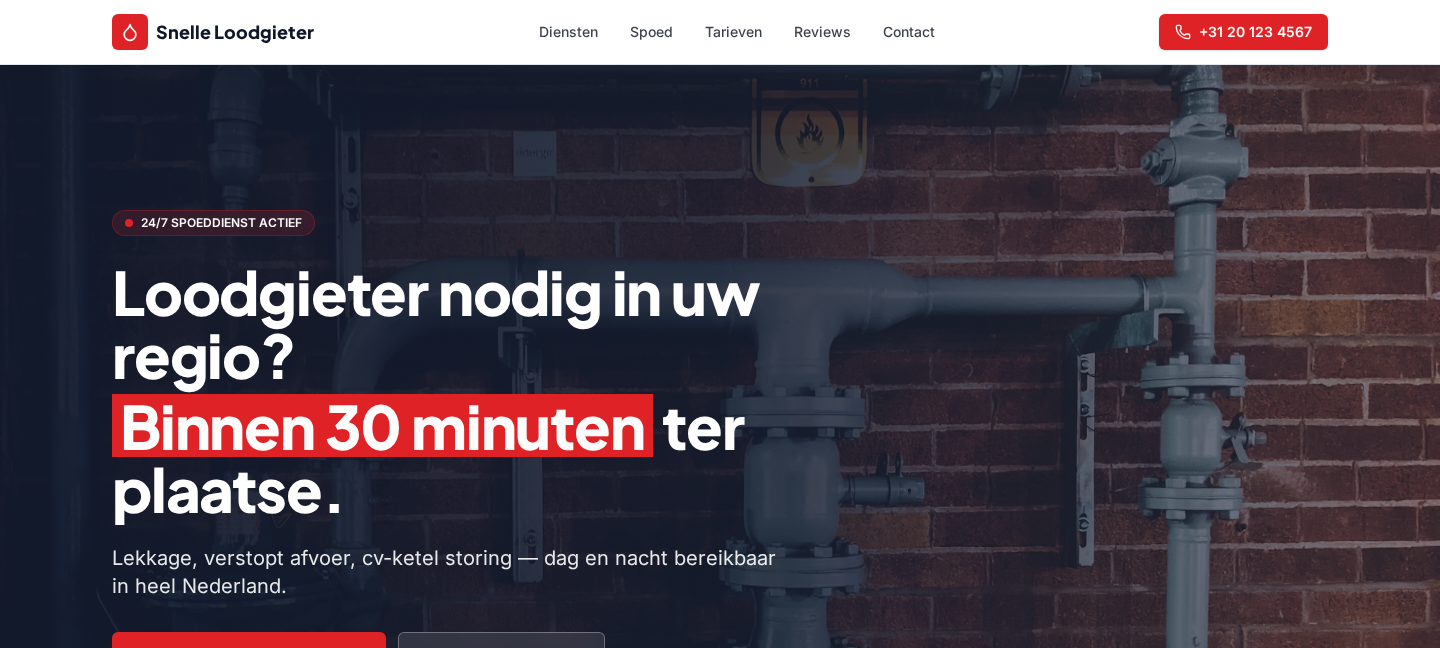 Voorbeeld van een website laten maken voor Loodgieter — Spoed- en planmatig loodgieterswerk, gebouwd door Studio Lake